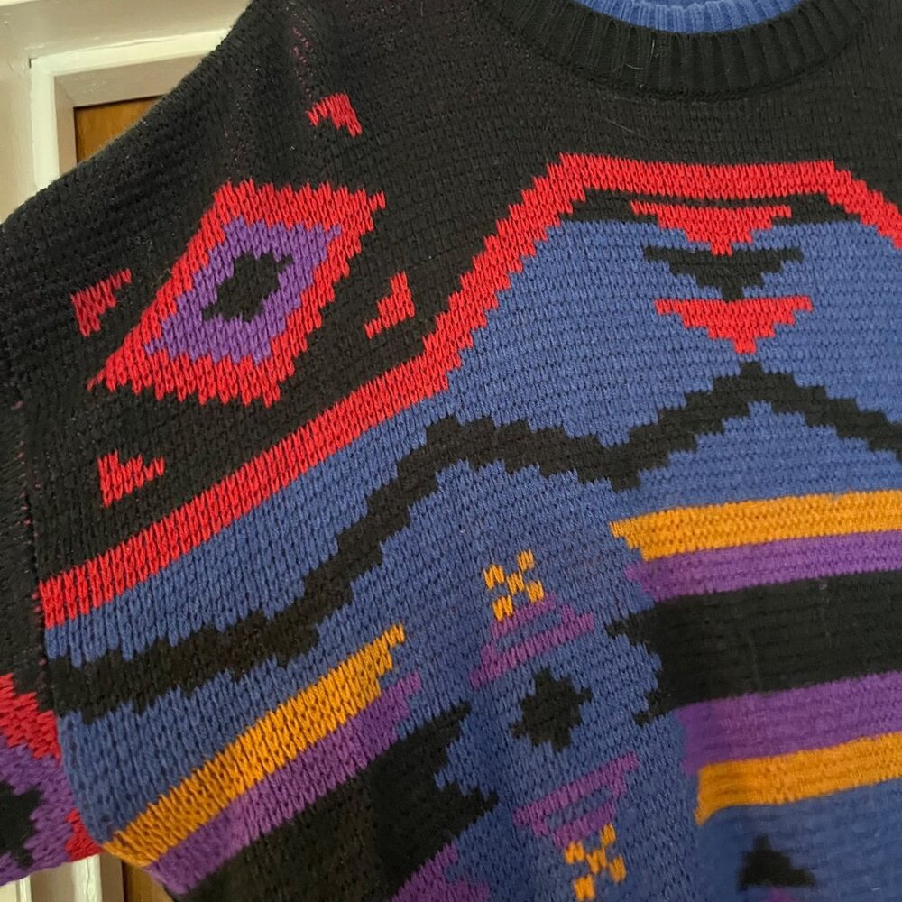 Vintage Aztec Retro Acrylic Bugle Boy Co Crewneck Sweater Cosby Grandpa Size Lg - Picture 4 of 4
